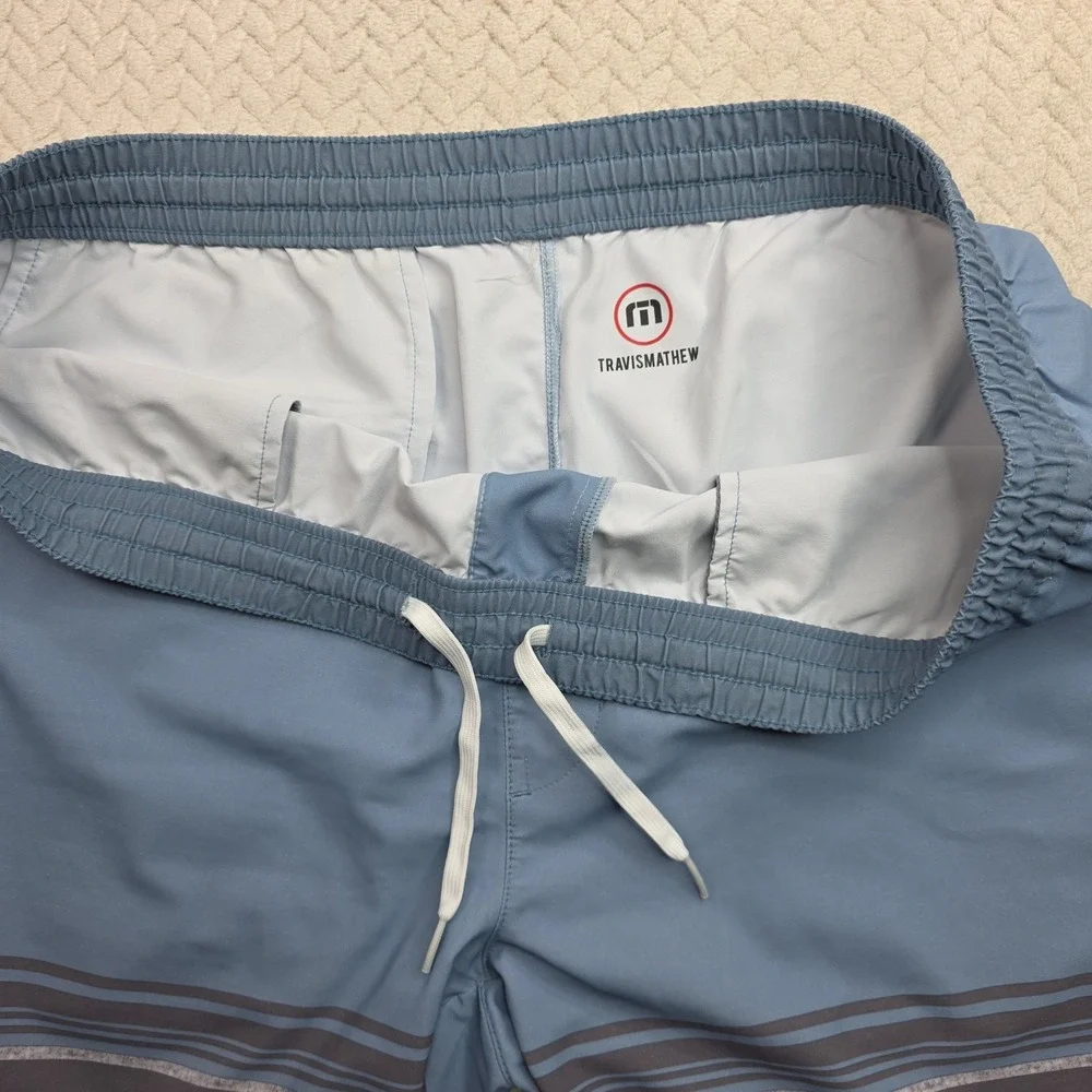 TravisMathew‎ Mens Blue Grey Striped Board Shorts Swim Trunks Elastic Waist 40W